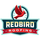 Logo for Redbird Roofing featuring a red cardinal bird above the company name in a dark blue and red banner.