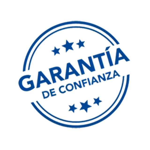 Sello circular azul con las palabras en español 