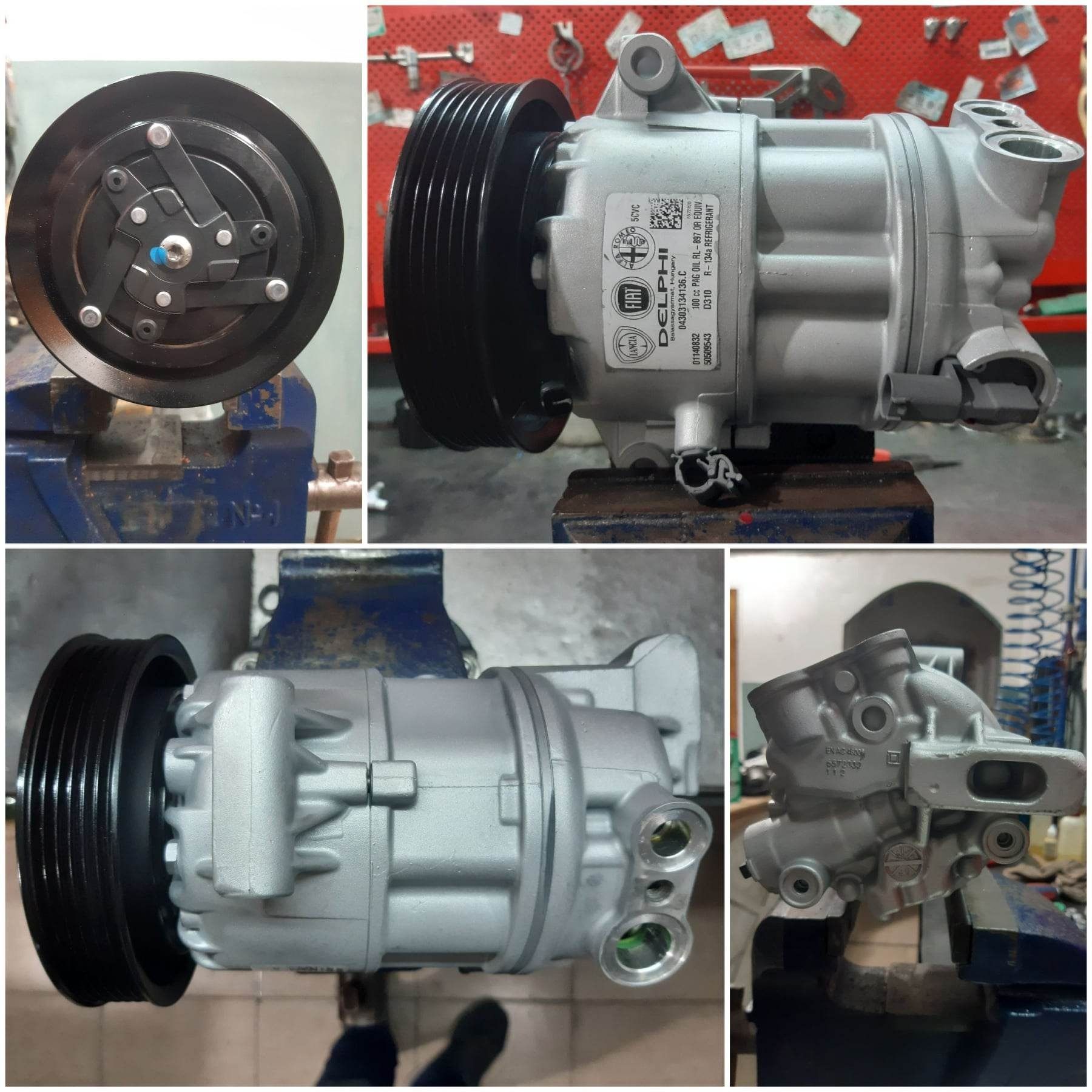 Cinco vistas de un compresor de aire acondicionado de automóvil plateado, mostrando diferentes ángulos y detalles.