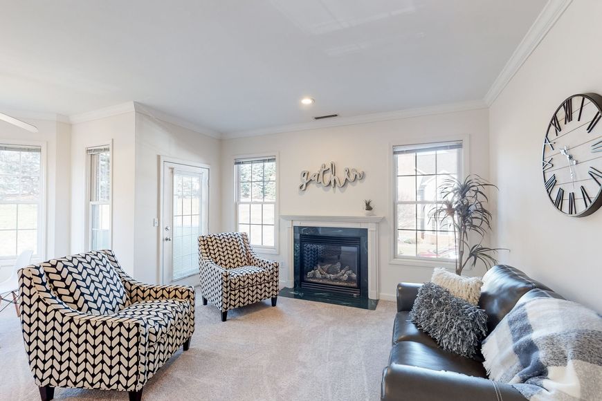 Interior photo of a living room with fireplace