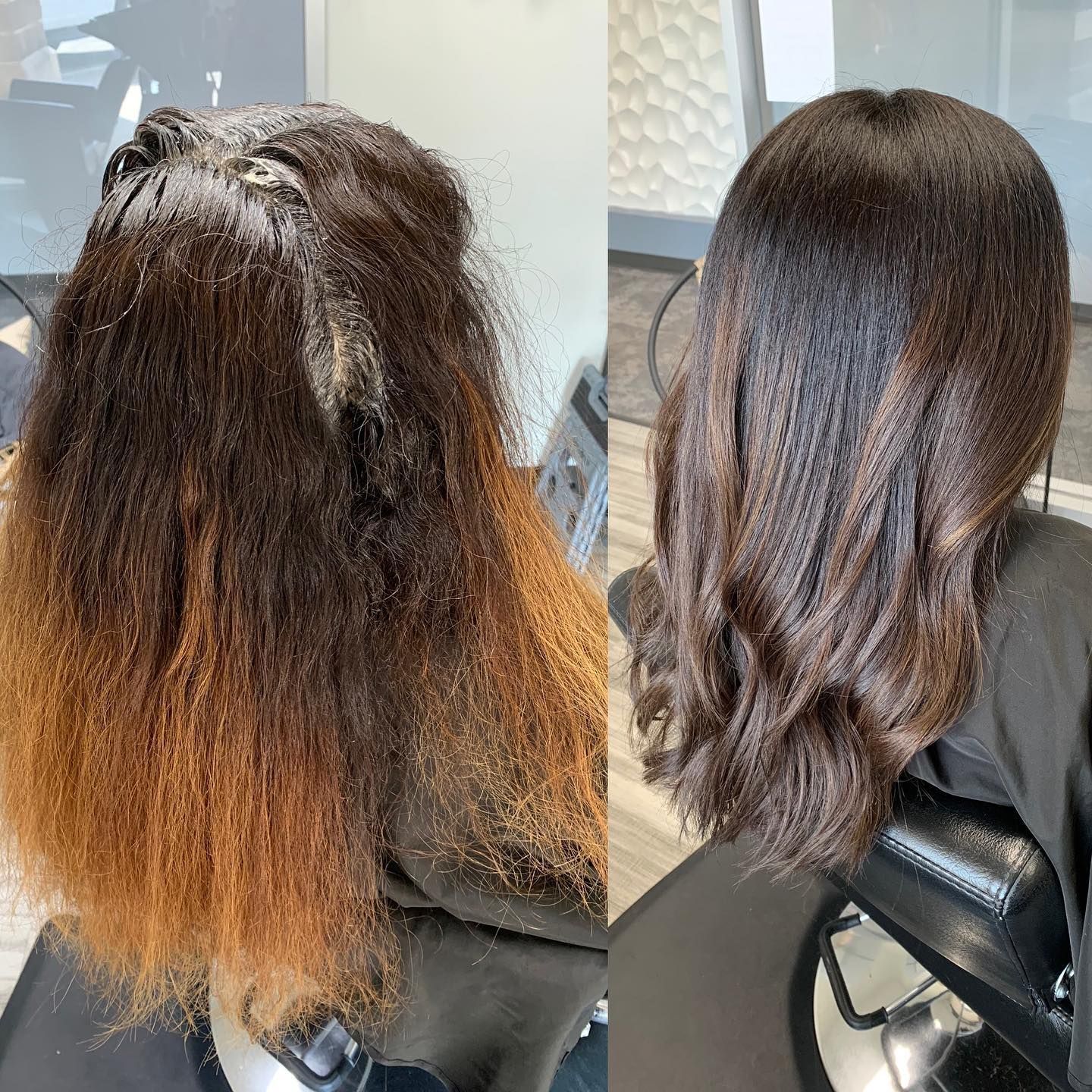 A before and after photo of a woman 's hair in a salon.