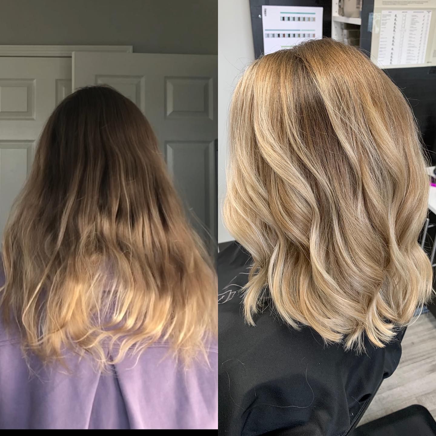 A before and after photo of a woman 's hair.
