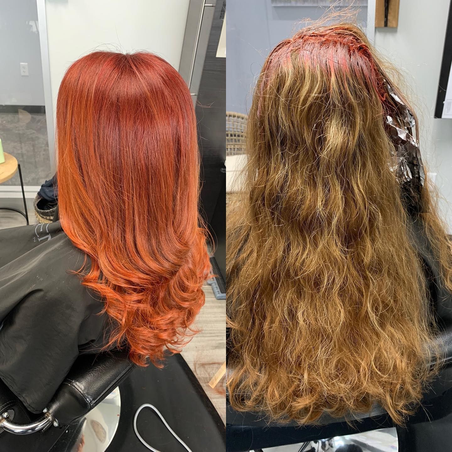 A woman with red hair is getting her hair dyed in a salon.