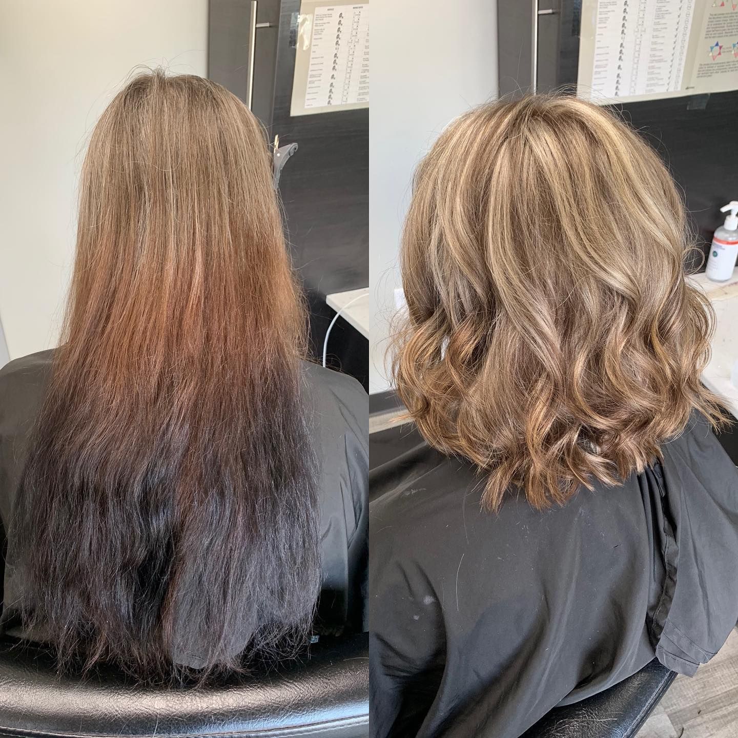 A before and after photo of a woman 's hair in a salon.