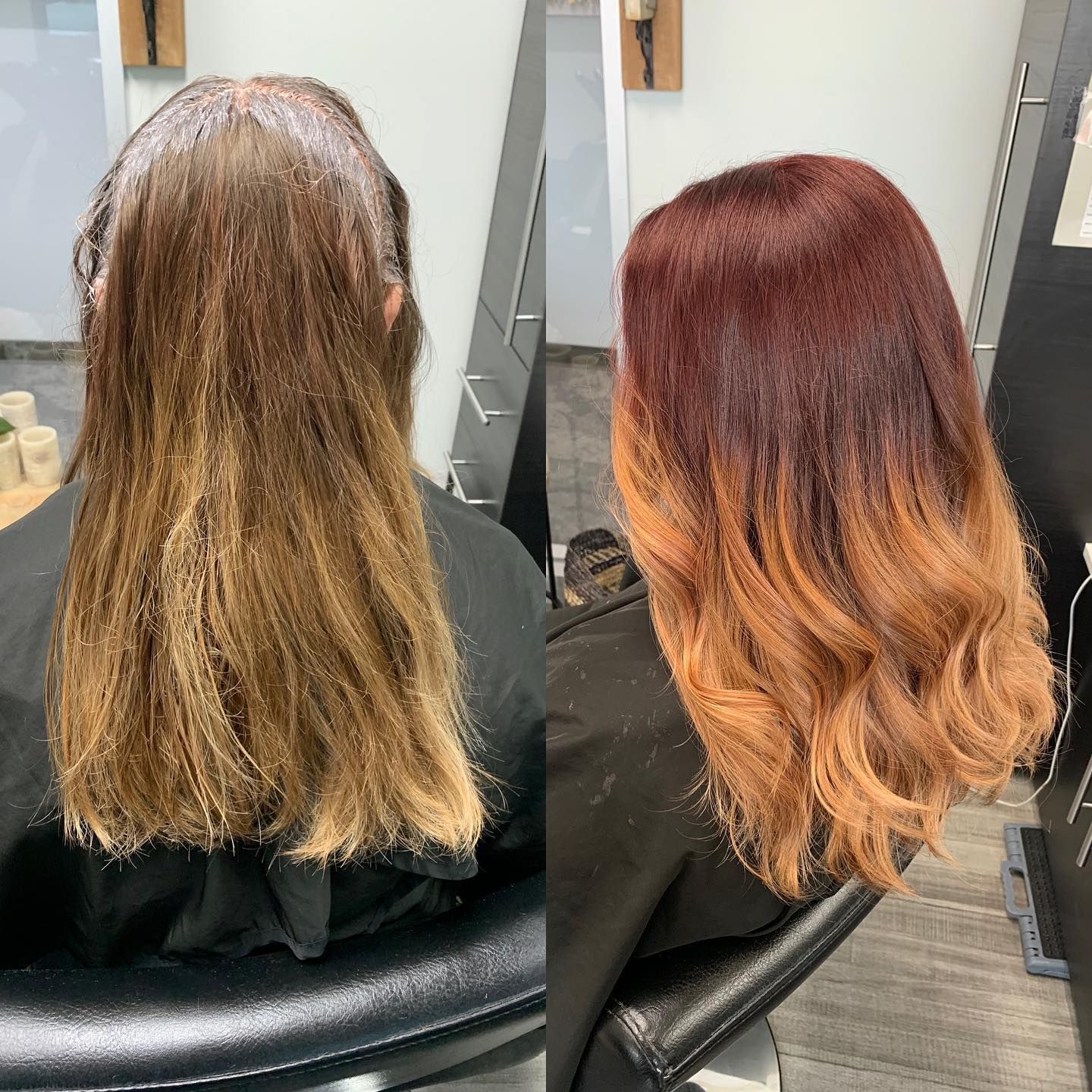 A before and after photo of a woman 's hair in a salon.