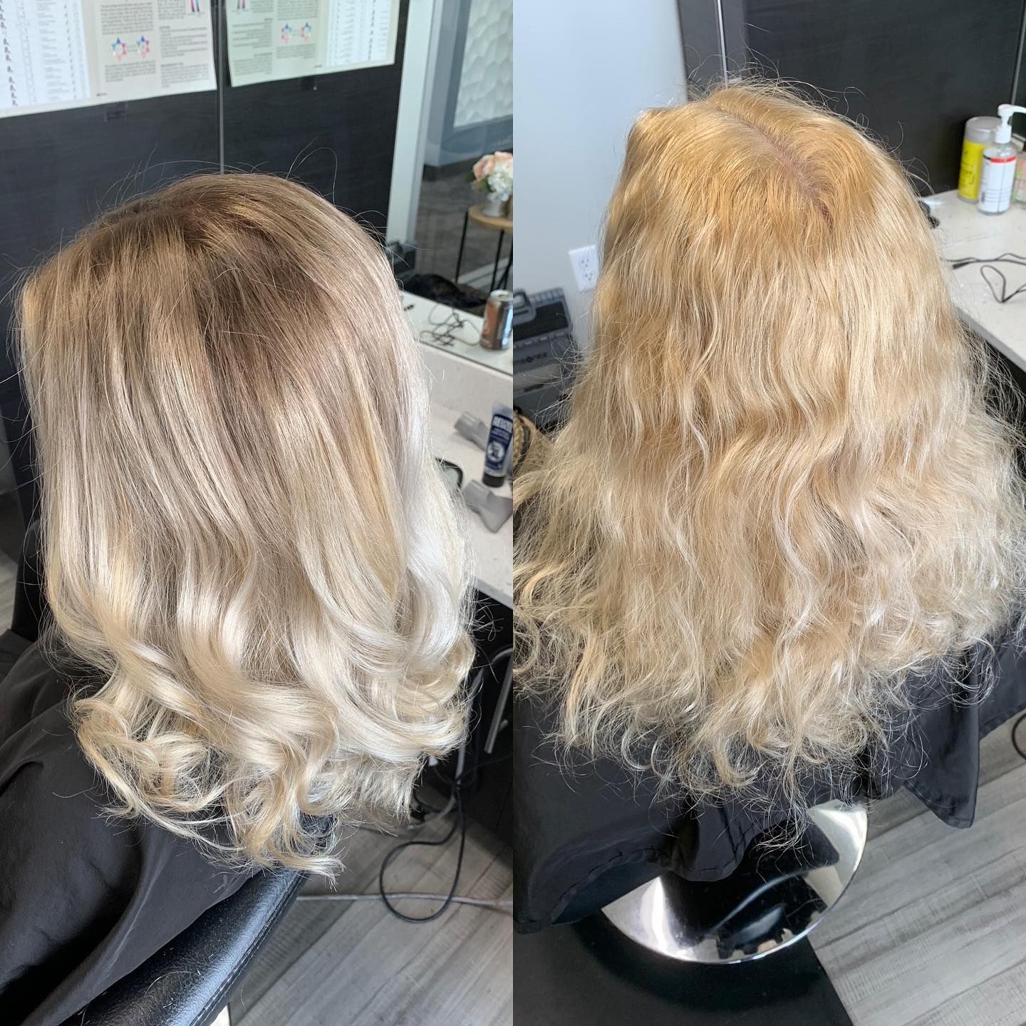 A before and after photo of a woman 's blonde hair in a salon.