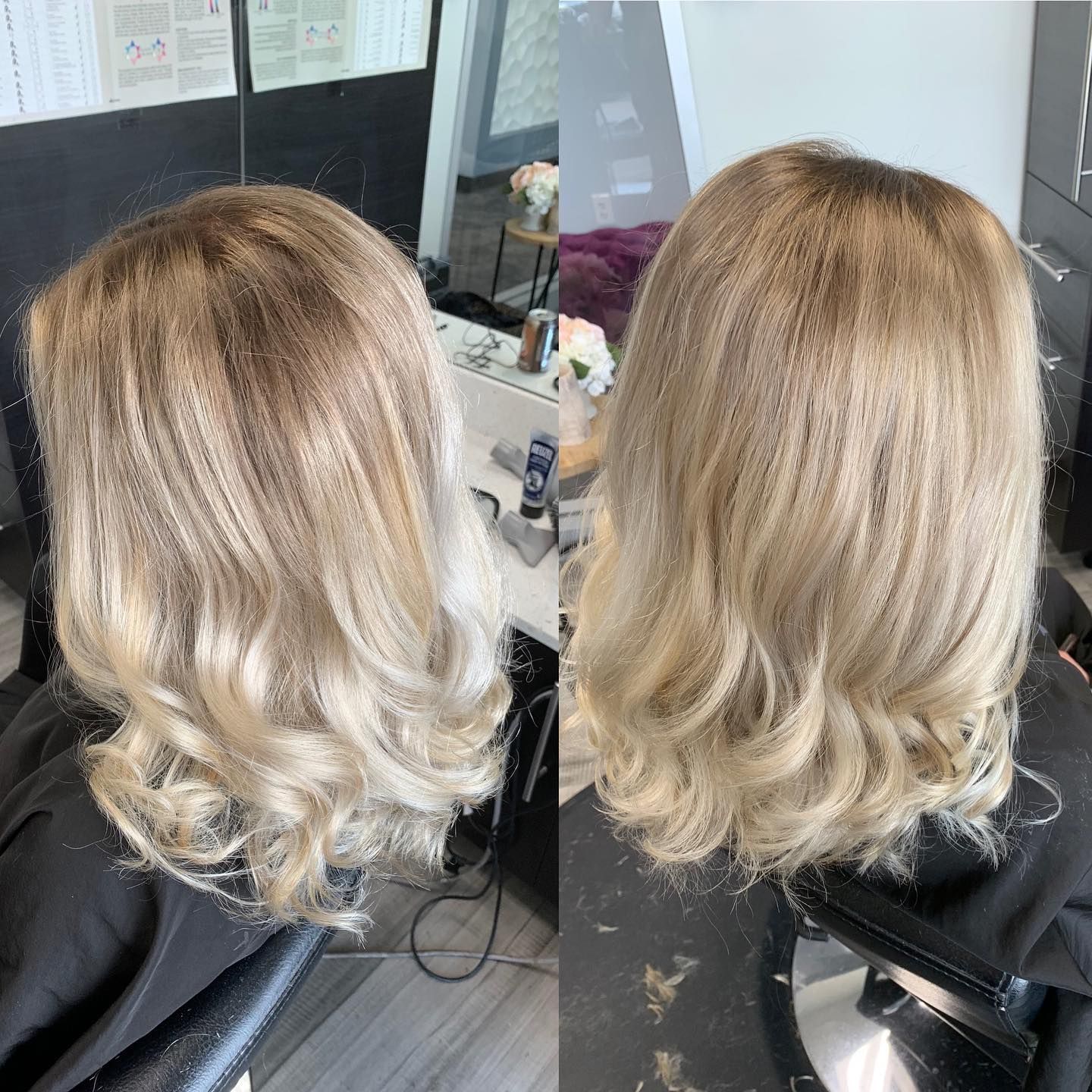 A woman with blonde hair is sitting in a chair in front of a mirror.