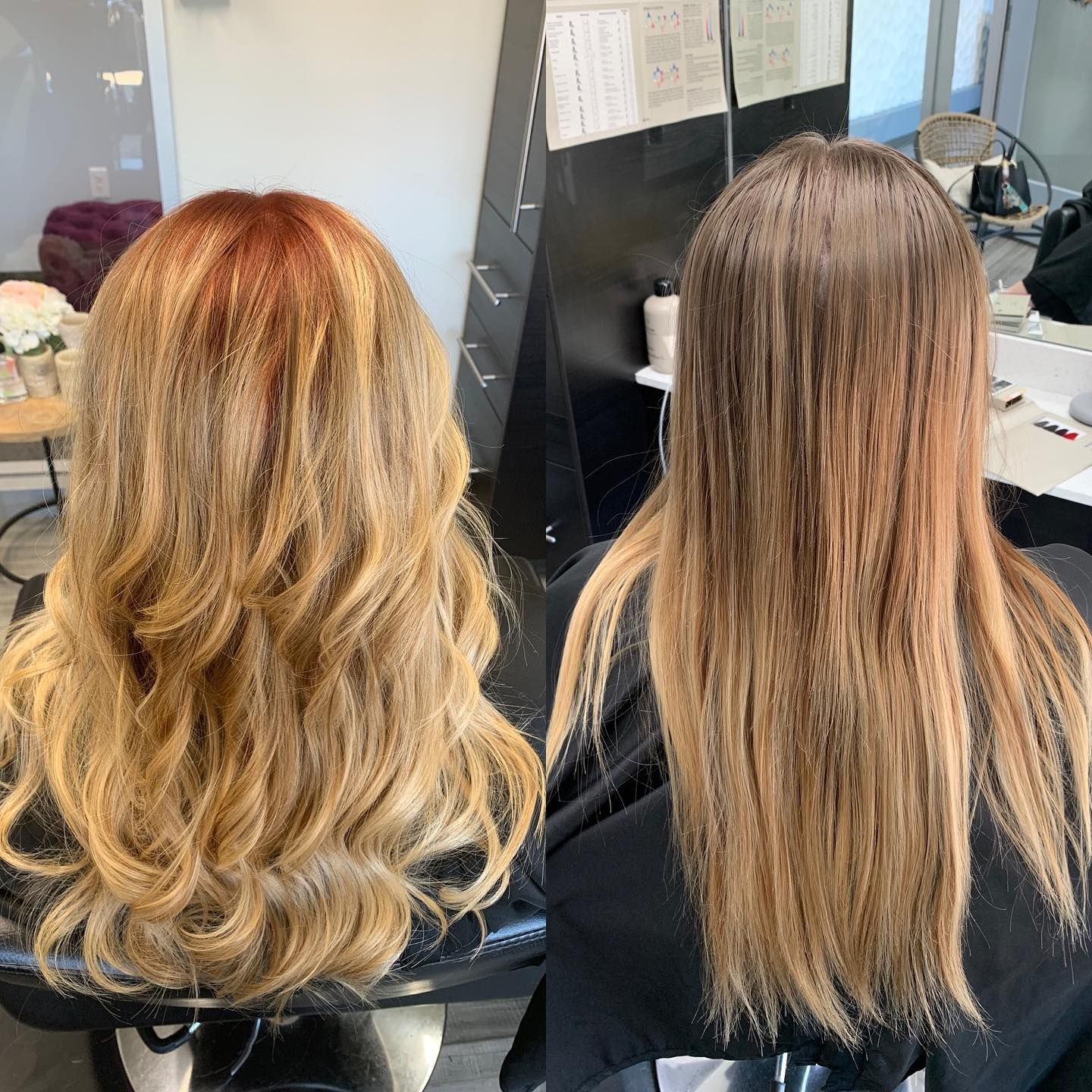 A before and after photo of a woman 's hair in a salon.