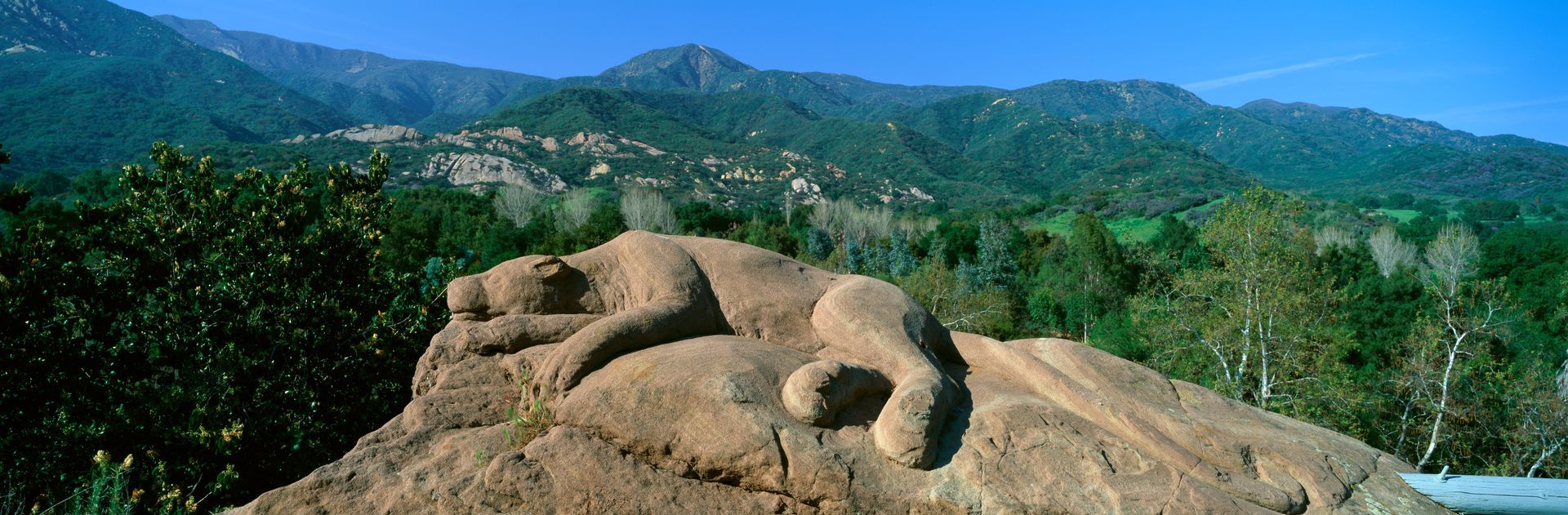 A statue of a bear laying on top of a rock with mountains in the background