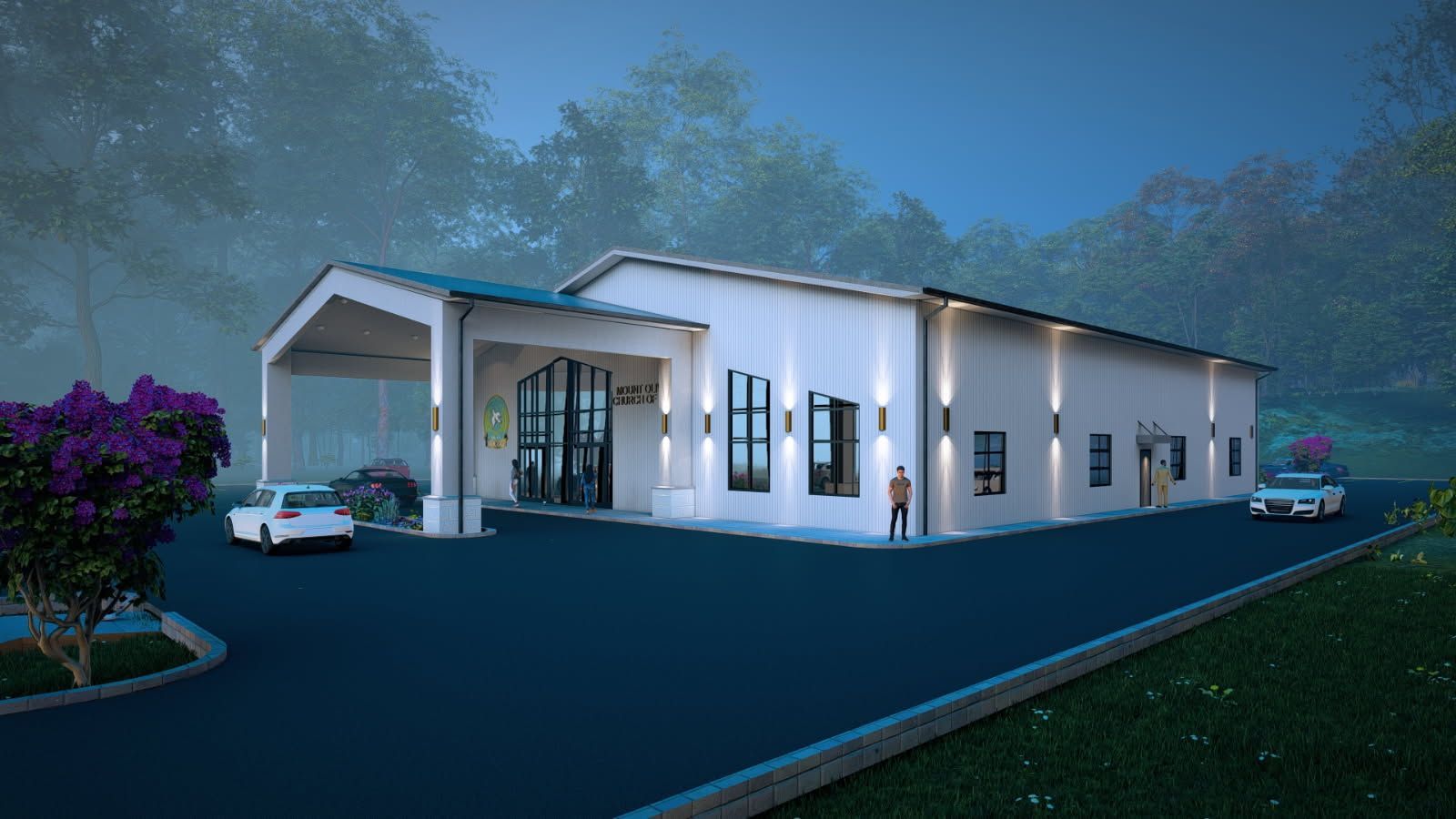 Modern white building with a covered entrance, several windows, and a driveway. Cars and a person outside.