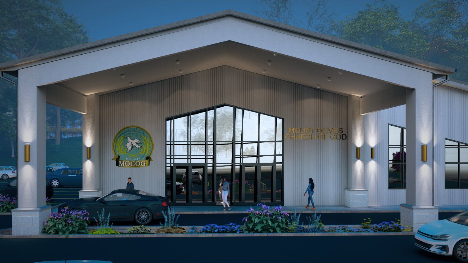 Exterior of a building with a large entrance, people, cars, and landscaping. The name 