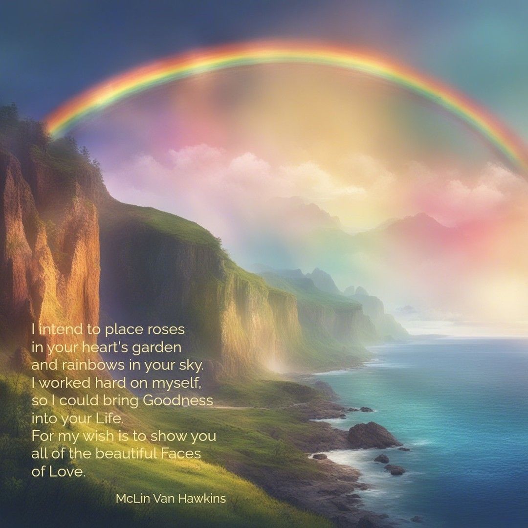 There is a rainbow in the sky over the ocean.