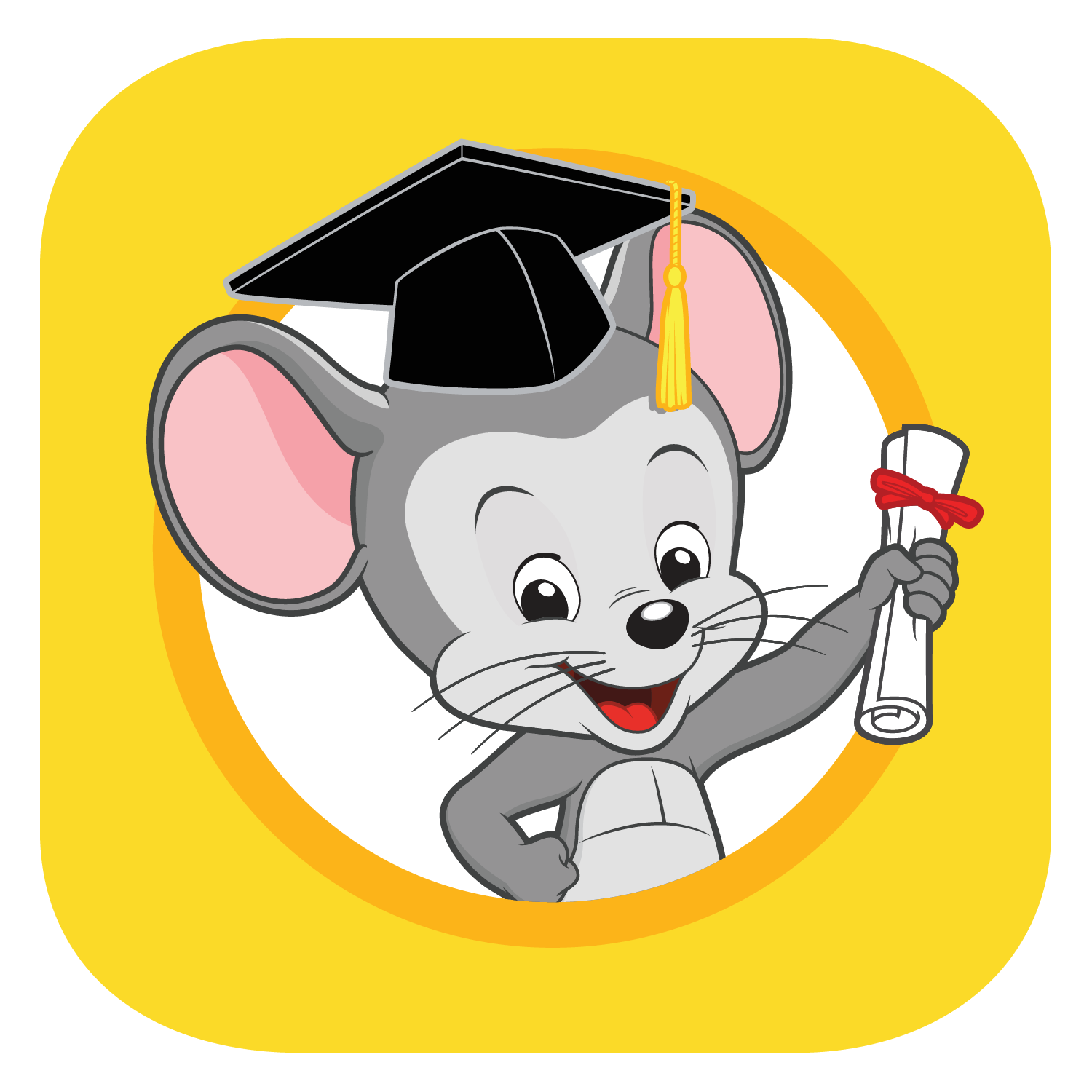 A cartoon mouse wearing a graduation cap holding a diploma, set against a yellow circle background.