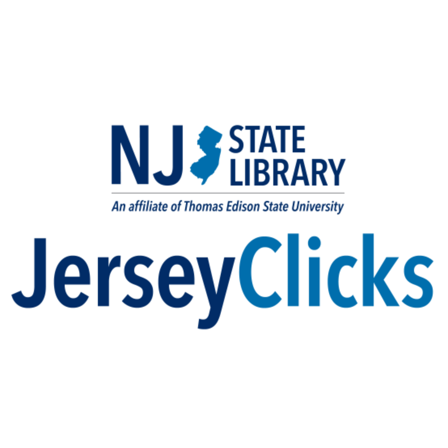 Logo for JerseyClicks, the NJ State Library's online resource. Blue and white text with NJ state outline.