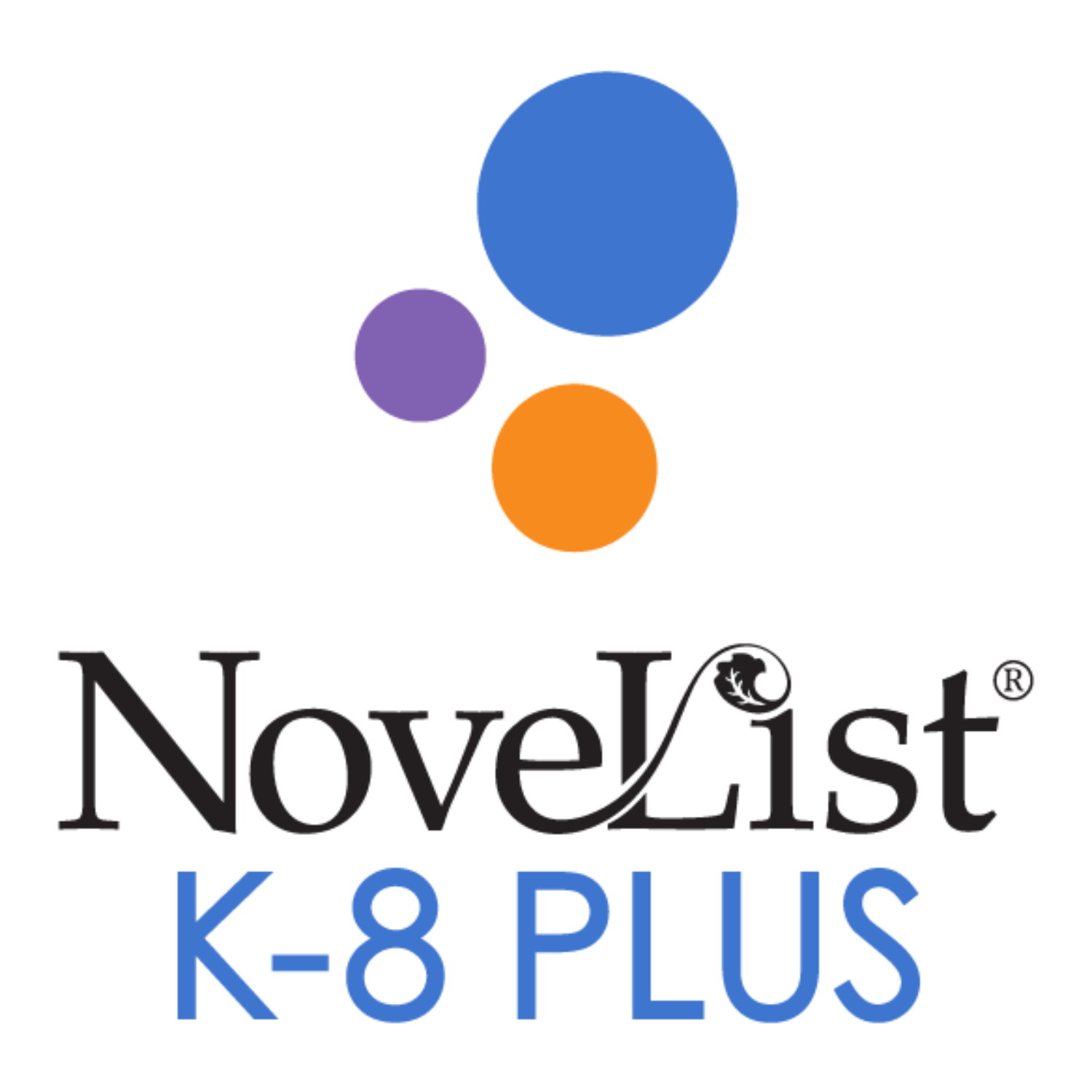 NovelList K-8 Plus logo: Blue, purple, and orange circles above black text,