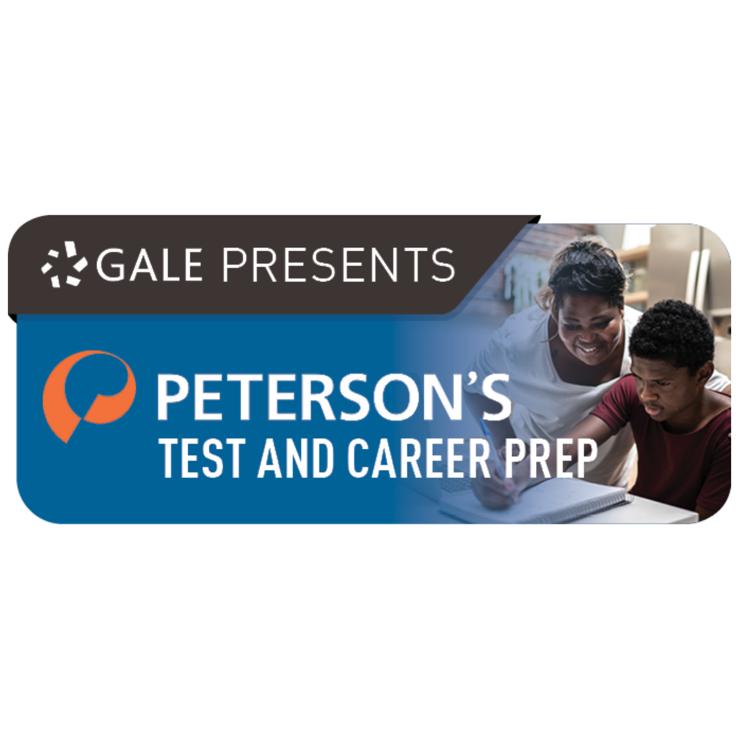Gale presents Peterson’s Test and Career Prep; woman and boy study together, background of a library.