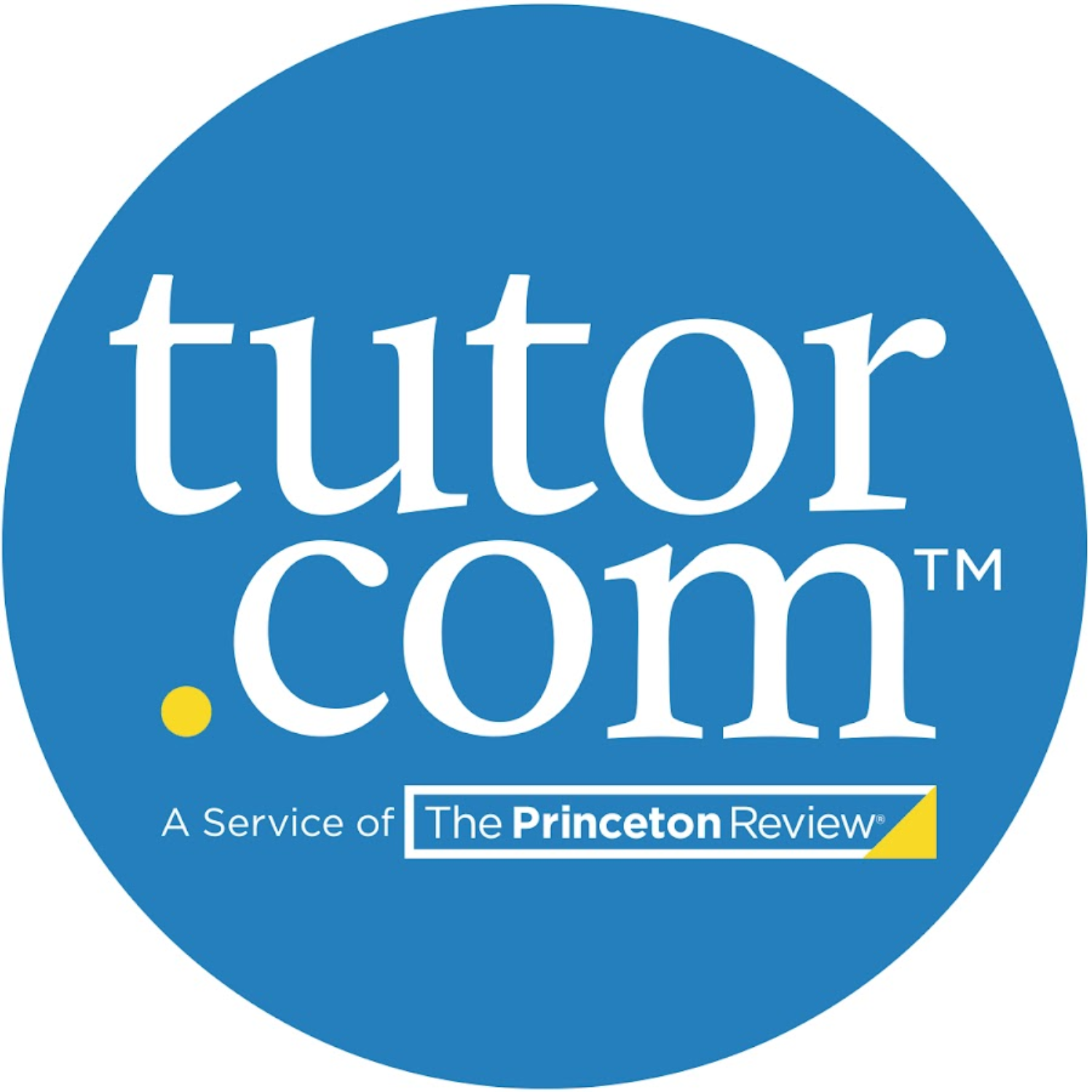Logo for Tutor.com, a blue circle with white text, yellow dot, and