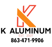 K Aluminum logo in black and orange with phone number 863-471-9906 and “EST. 2007”
