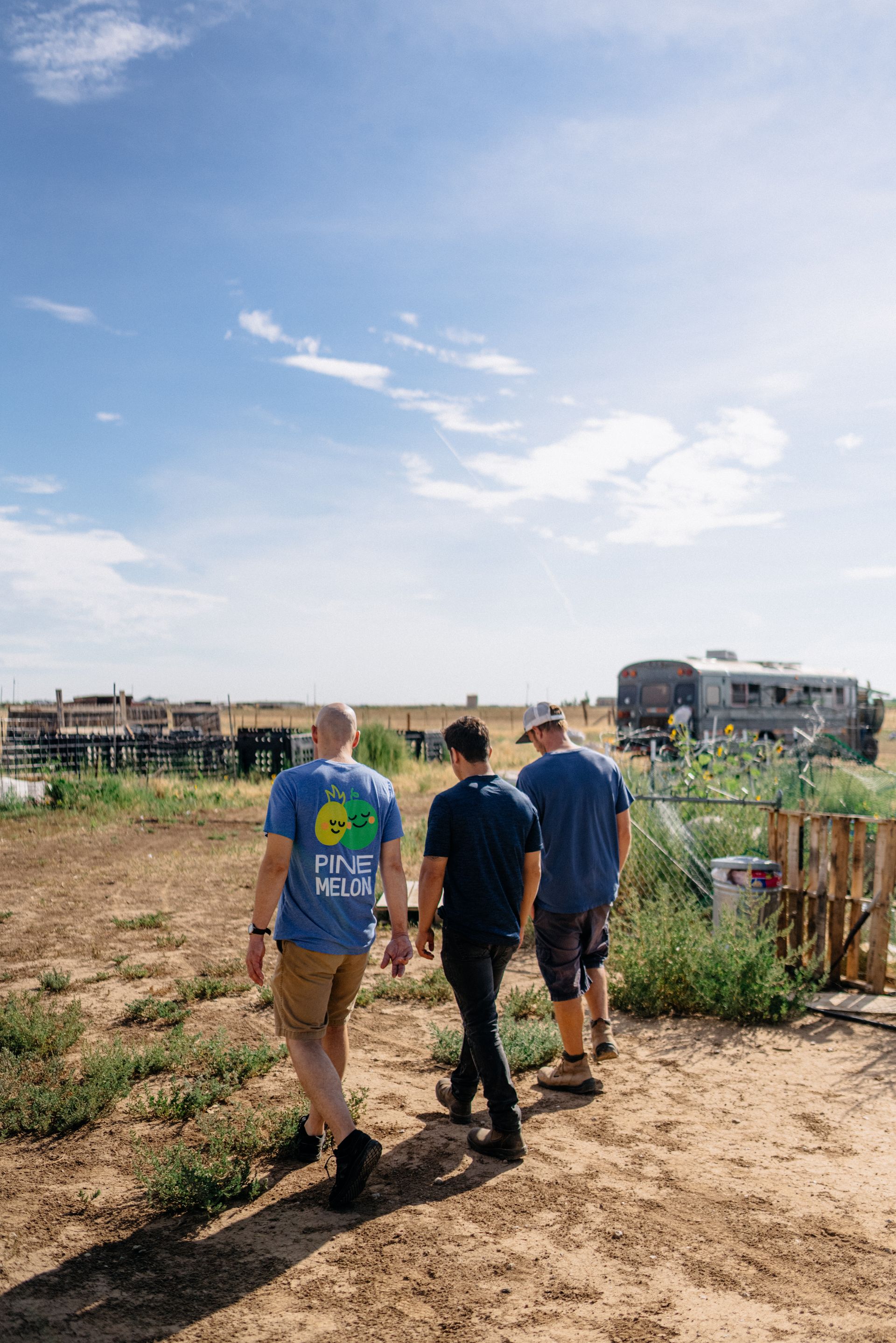 Three people walking on a dirt path towards a rural area under a blue sky.