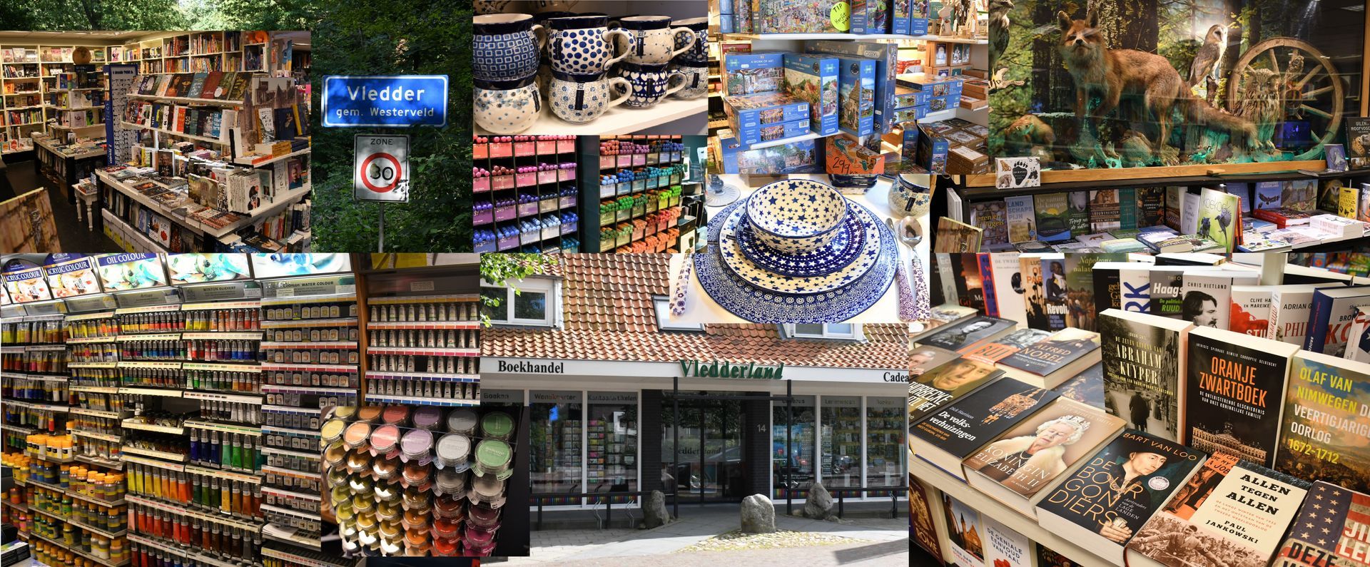 Een winkelpand met een gevarieerd assortiment: boeken, serviesgoed en decoratie.