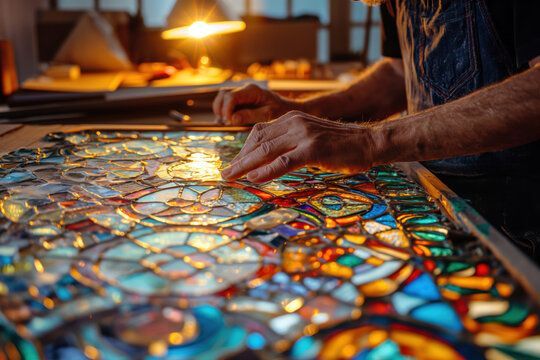 Person's hands working on a stained glass window. Colorful glass pieces, focused work setting.