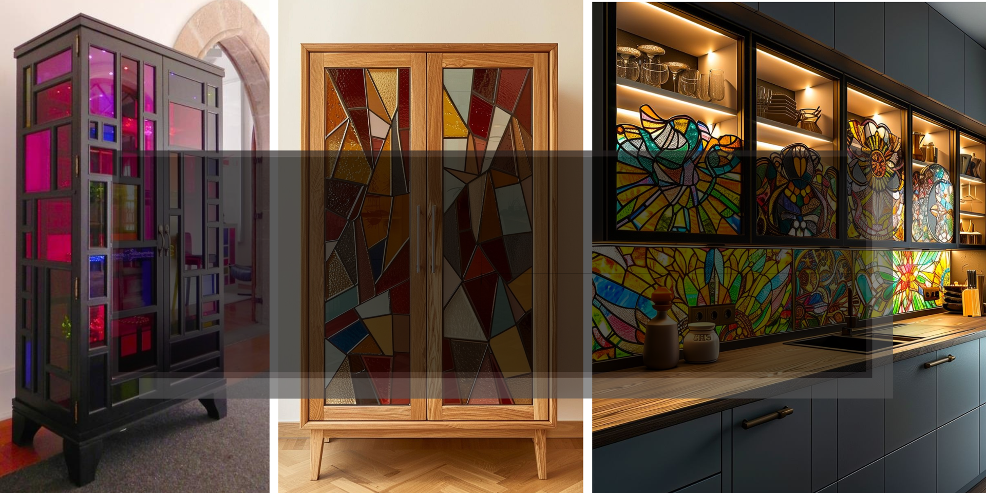 Three furniture pieces with stained glass panels, including a cabinet, cupboard, and kitchen cabinets.