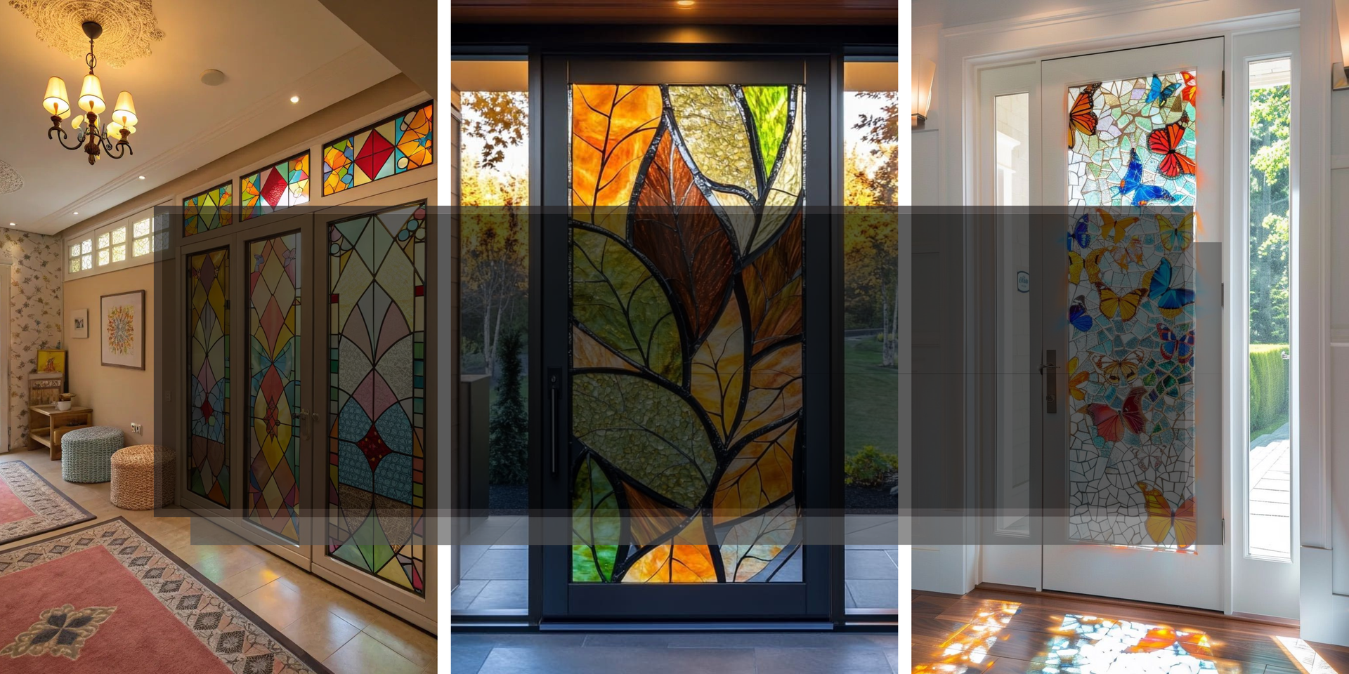 Stained glass doors: leaves, geometric patterns, and butterflies decorate entryways.