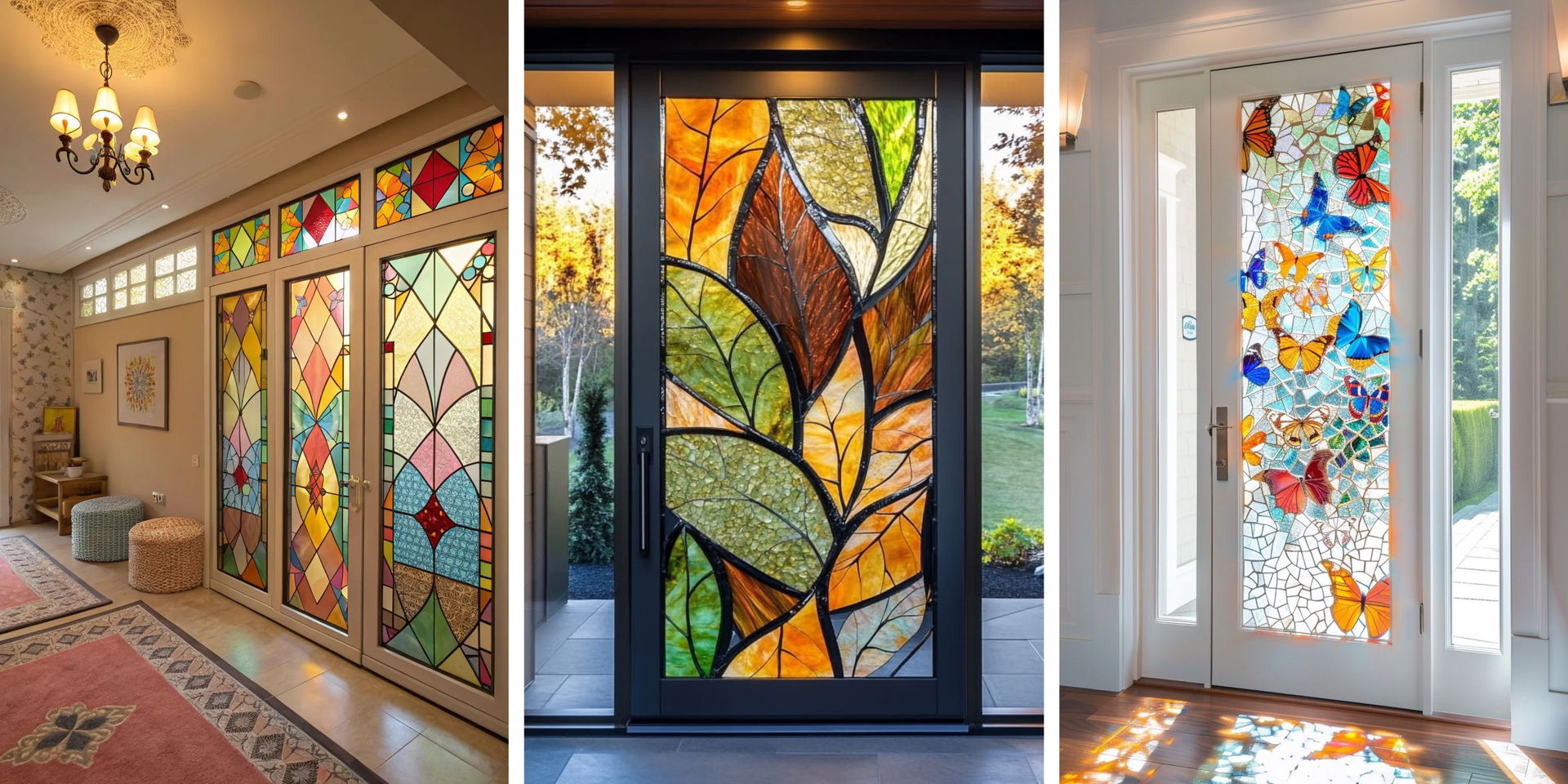 Three pieces of furniture with stained glass: cabinet with various colors, wooden cabinet, and kitchen cabinets.