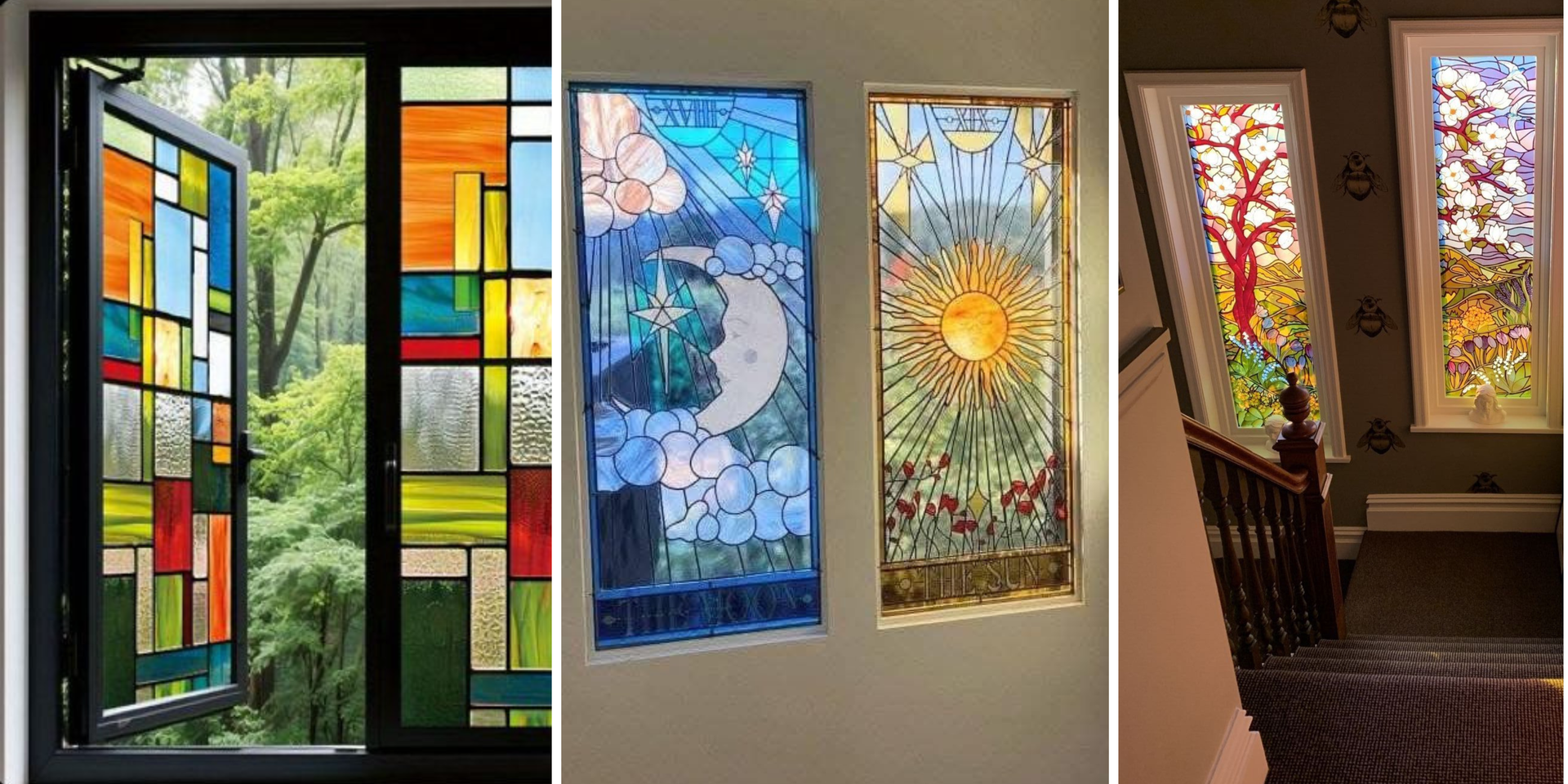 Three stained glass windows: geometric, moon/stars, sun, and trees/flowers.