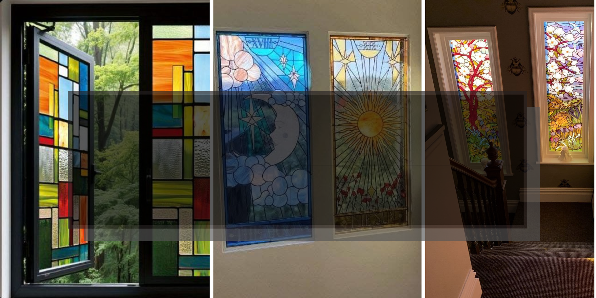 Stained glass windows: abstract and nature-themed designs. One window open, others in a hallway.