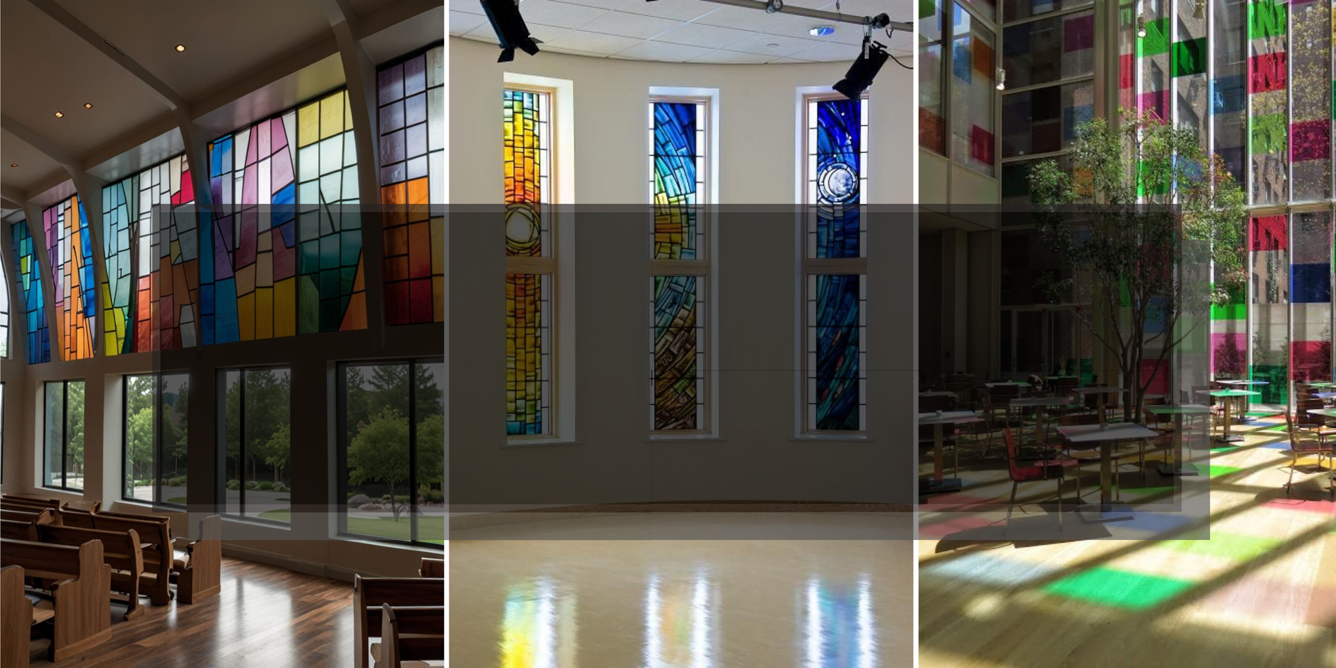 Three sections of a building with stained glass windows: church, gallery, and dining area.