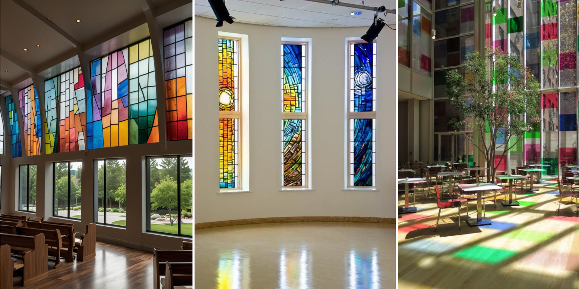 Three views of colorful stained glass windows in different settings.