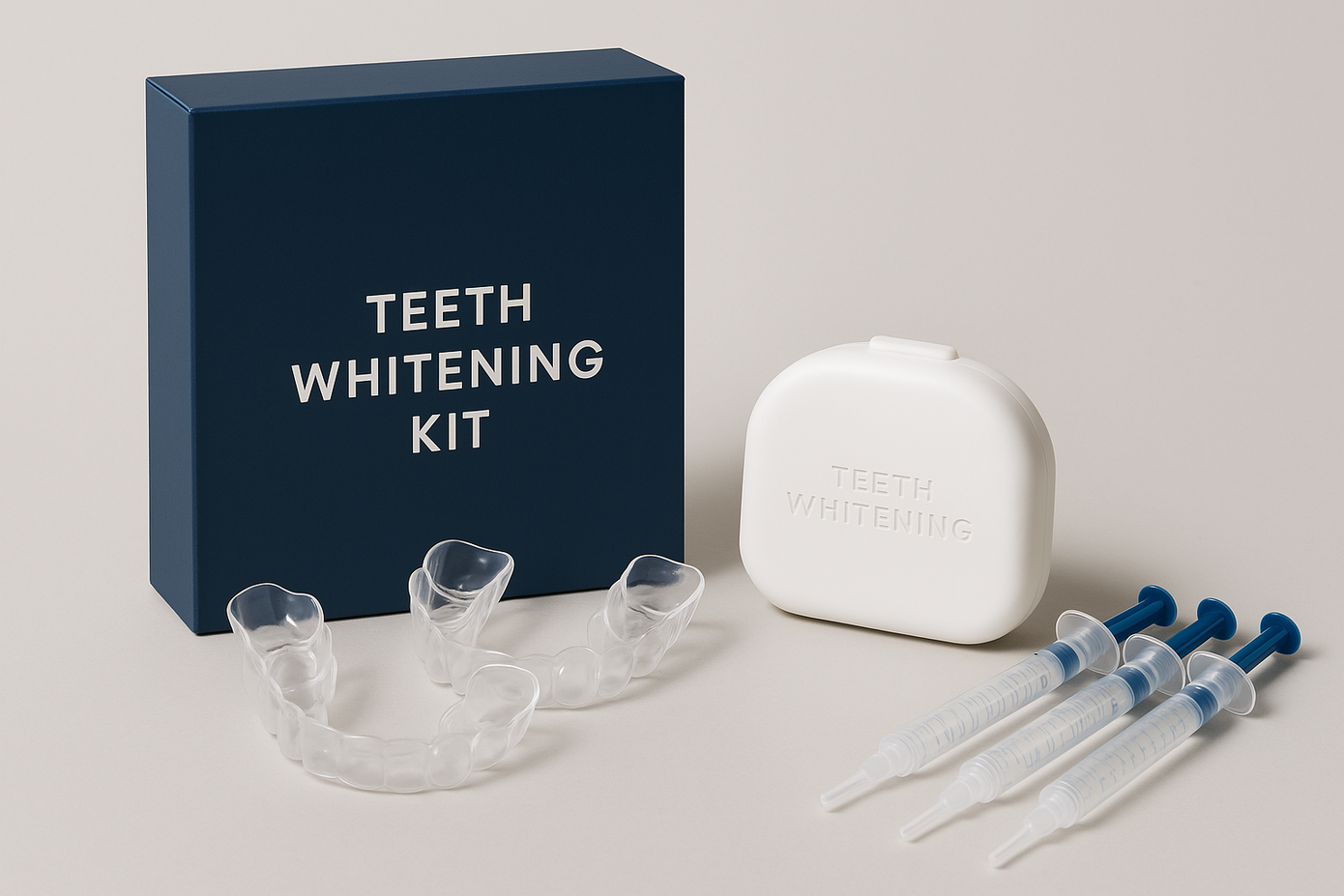 Teeth whitening kit: box, mouth trays, whitening syringes. Dark blue box, white text and case.