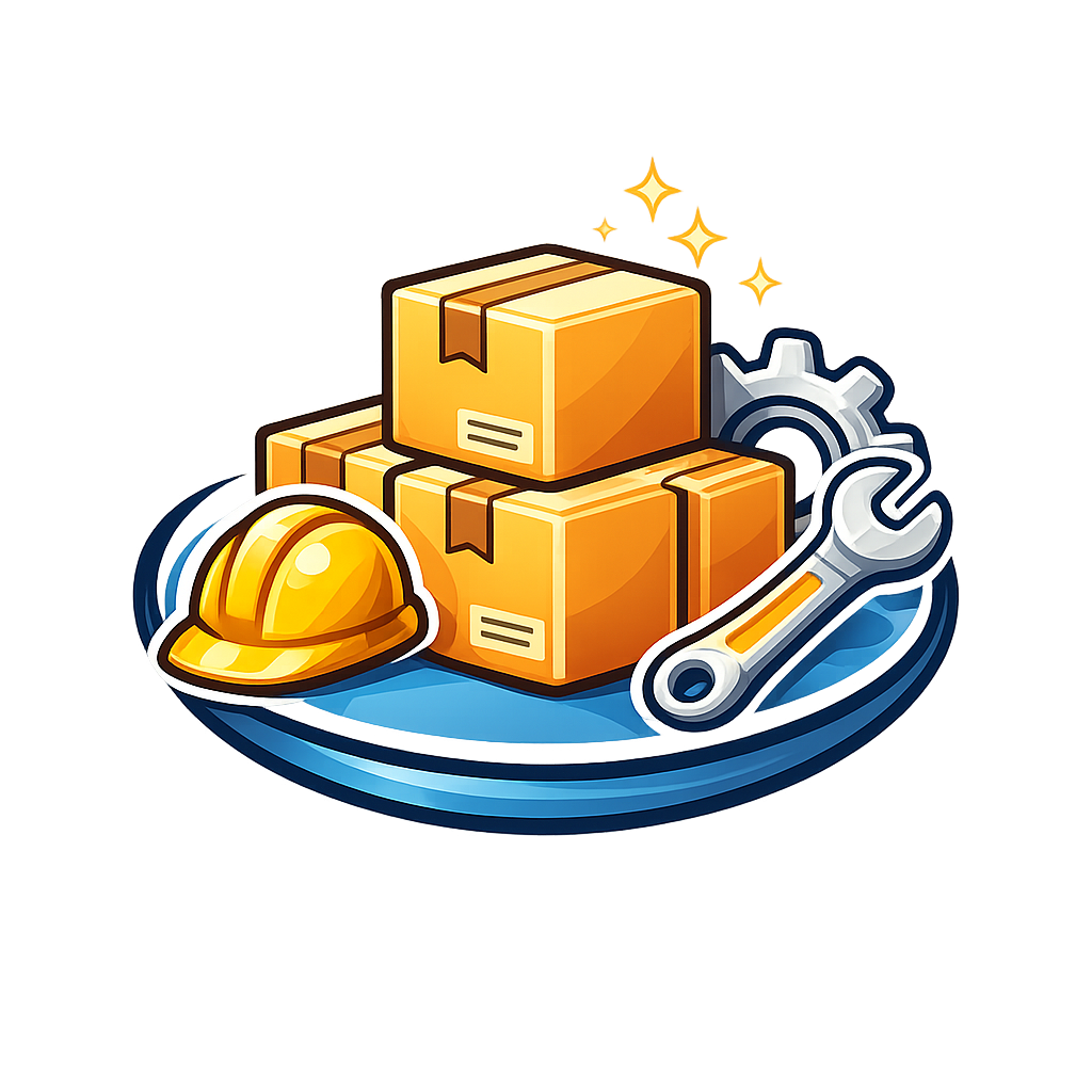 A hard hat, stacked cardboard boxes, and a wrench next to a gear on a blue circular base, indicating construction or logistics.