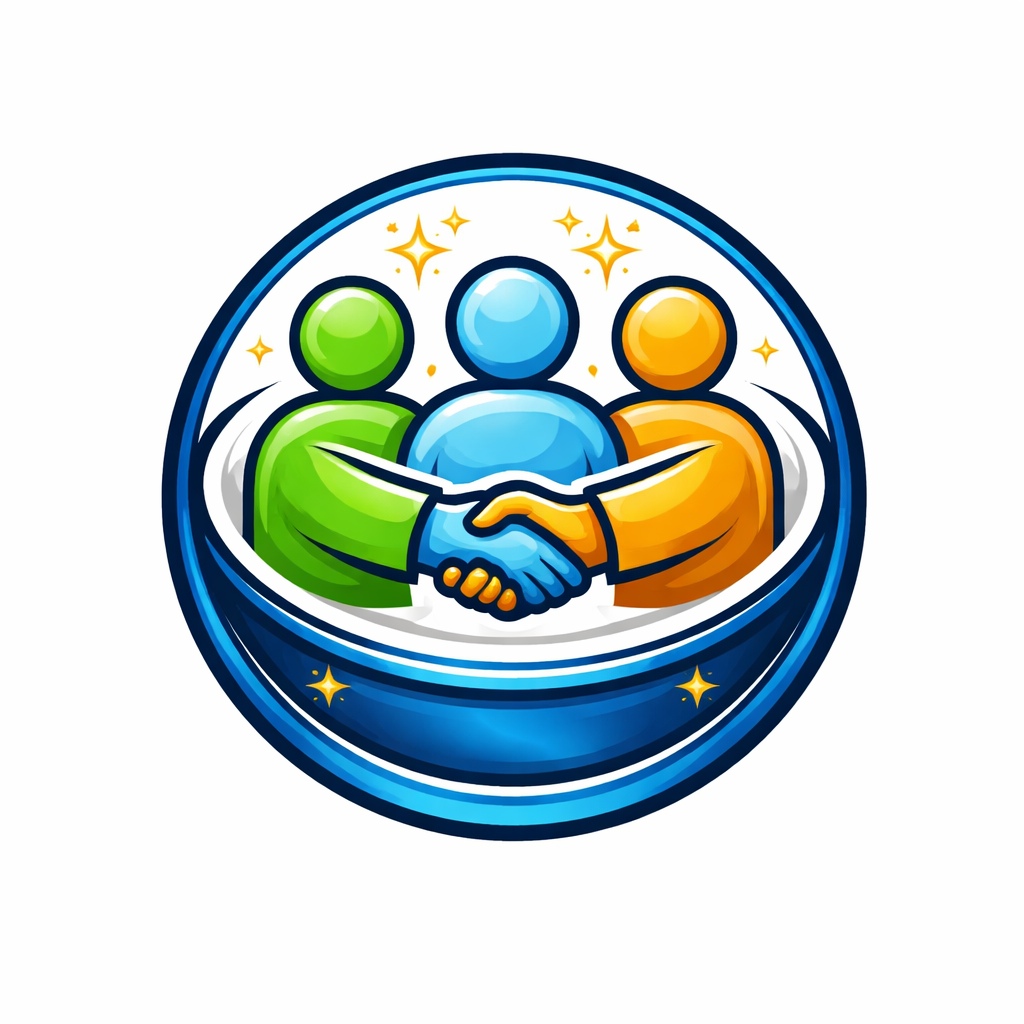 A stylized logo showing three figures in green, blue, and yellow shaking hands inside a circular blue emblem with stars.