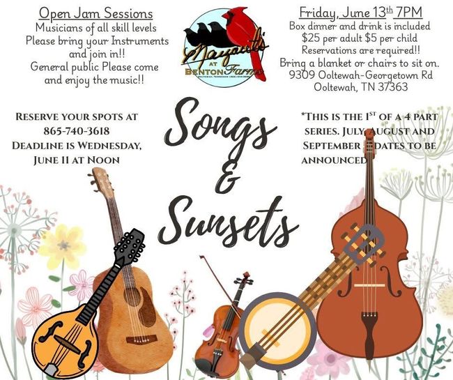 A poster for a concert called songs and sunsets