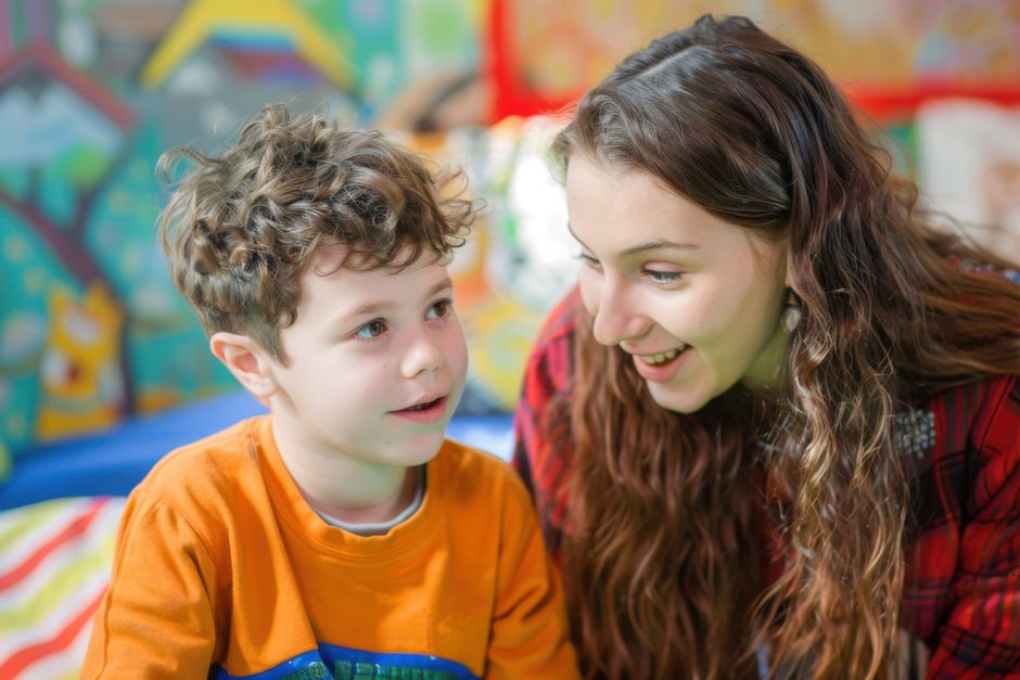 A person with long wavy hair smiling and looking at a curly-haired child wearing an orange shirt in a colorful room.