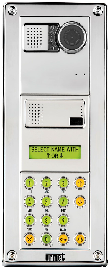 Silver Urmet digital intercom entry panel with a camera, speaker, LCD screen, and a numeric keypad.