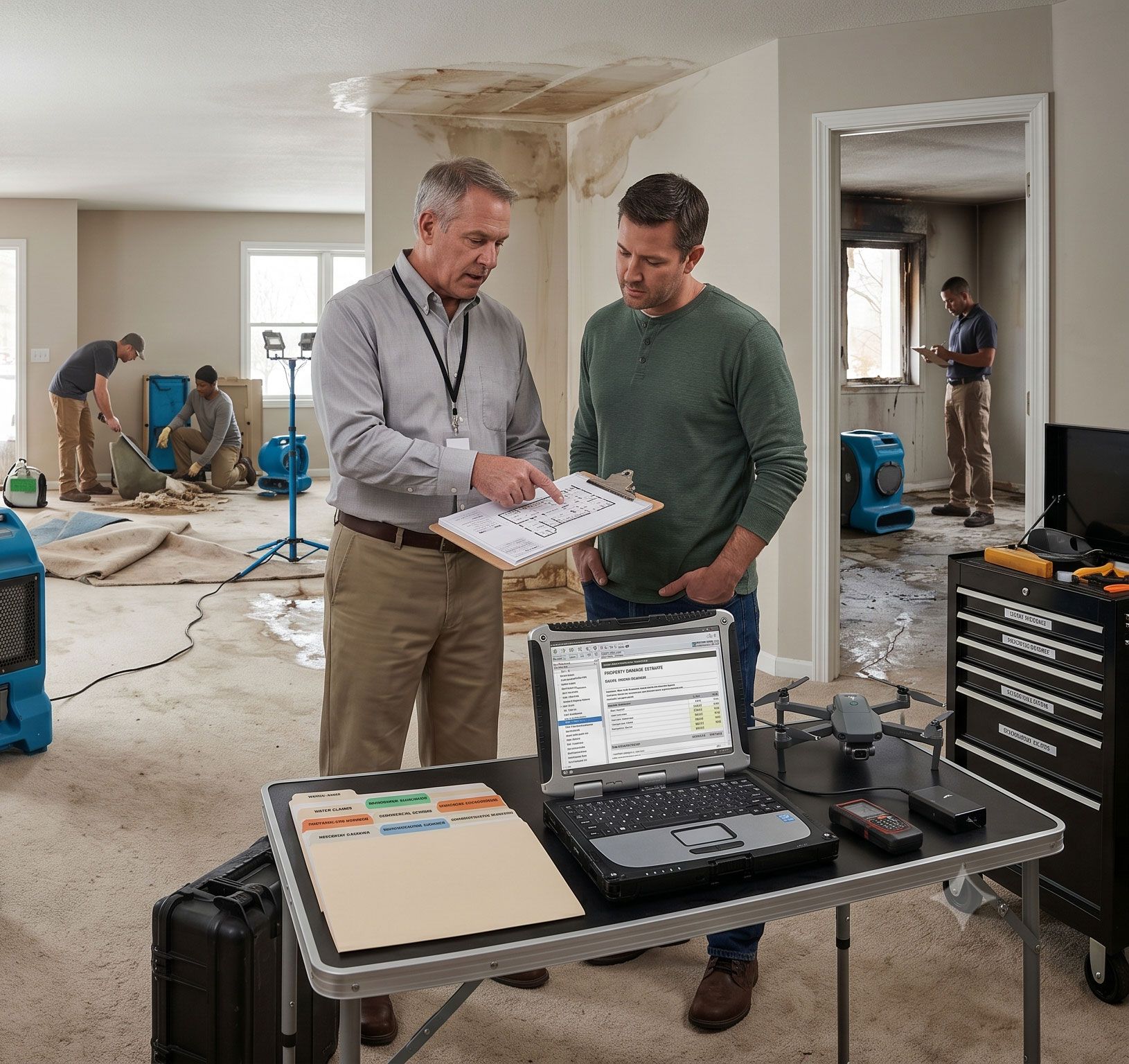 Two men review a floor plan on a laptop at a renovation site with tools and workers in the background