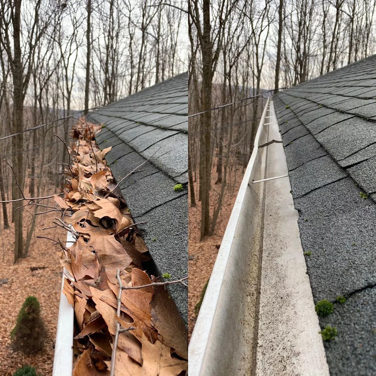 A before and after picture of a gutter filled with leaves.