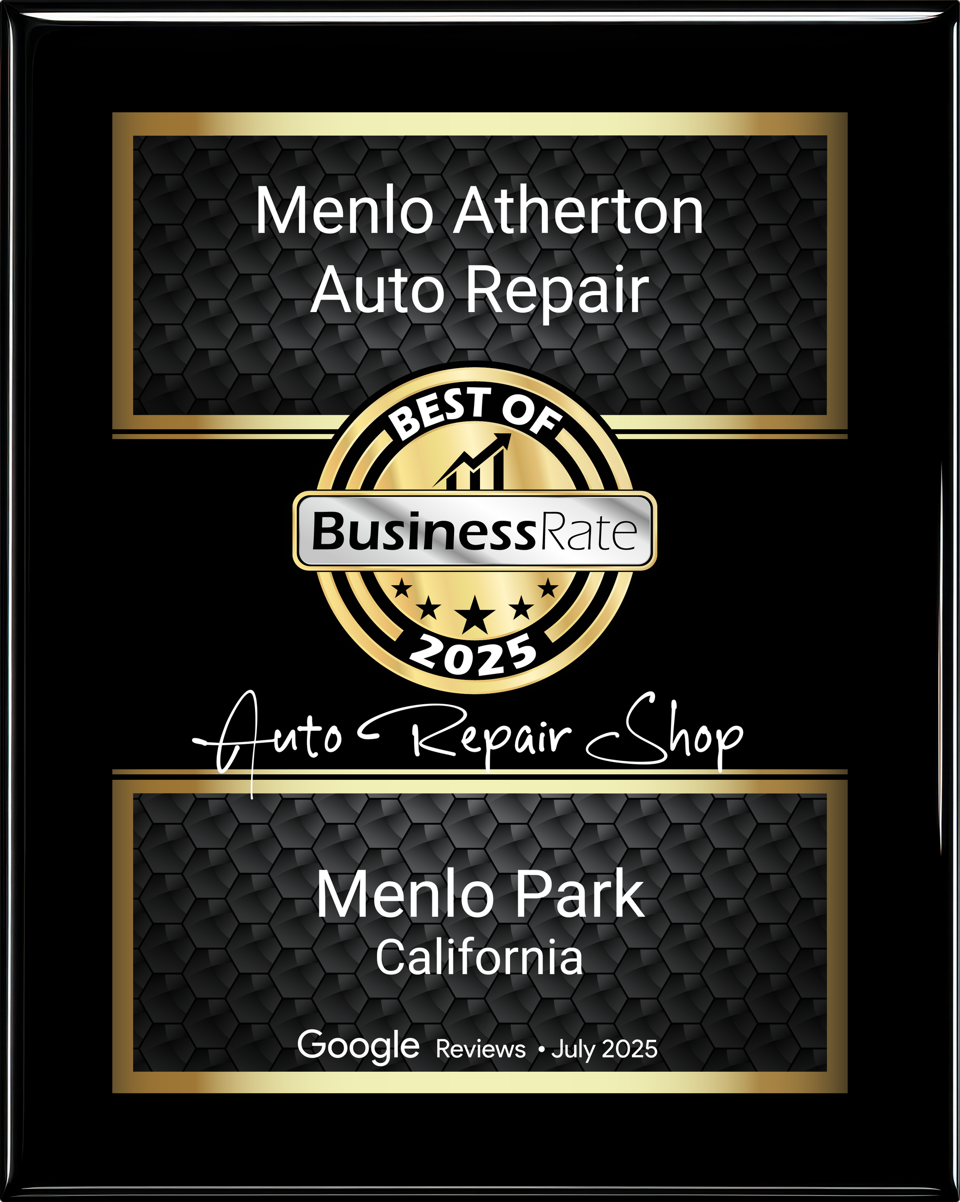Award plaque for Menlo Atherton Auto Repair, 