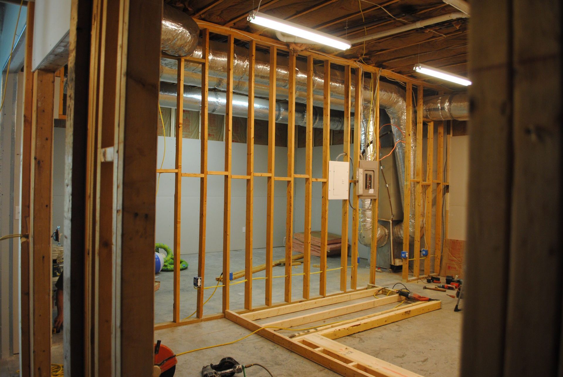 A room that is being built with wooden frames.