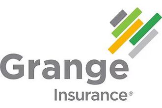 The logo for grange insurance is a gray and green logo with a green arrow.