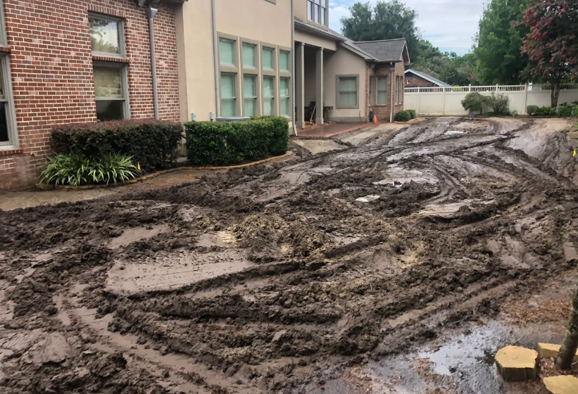 Aerial view: Mining operation with yellow machinery, conveyor belts, and piles of gravel.