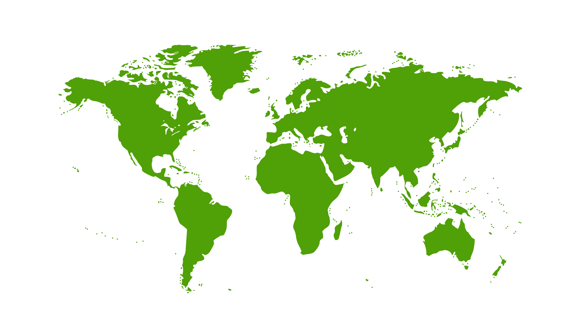Green world map on a white background, showing continents and oceans.
