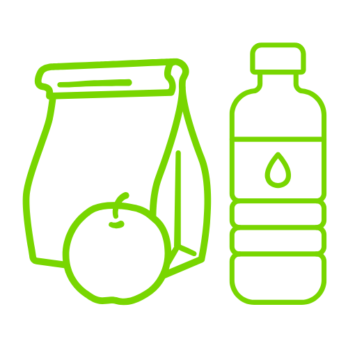 A bag of food , an apple , and a bottle of water.