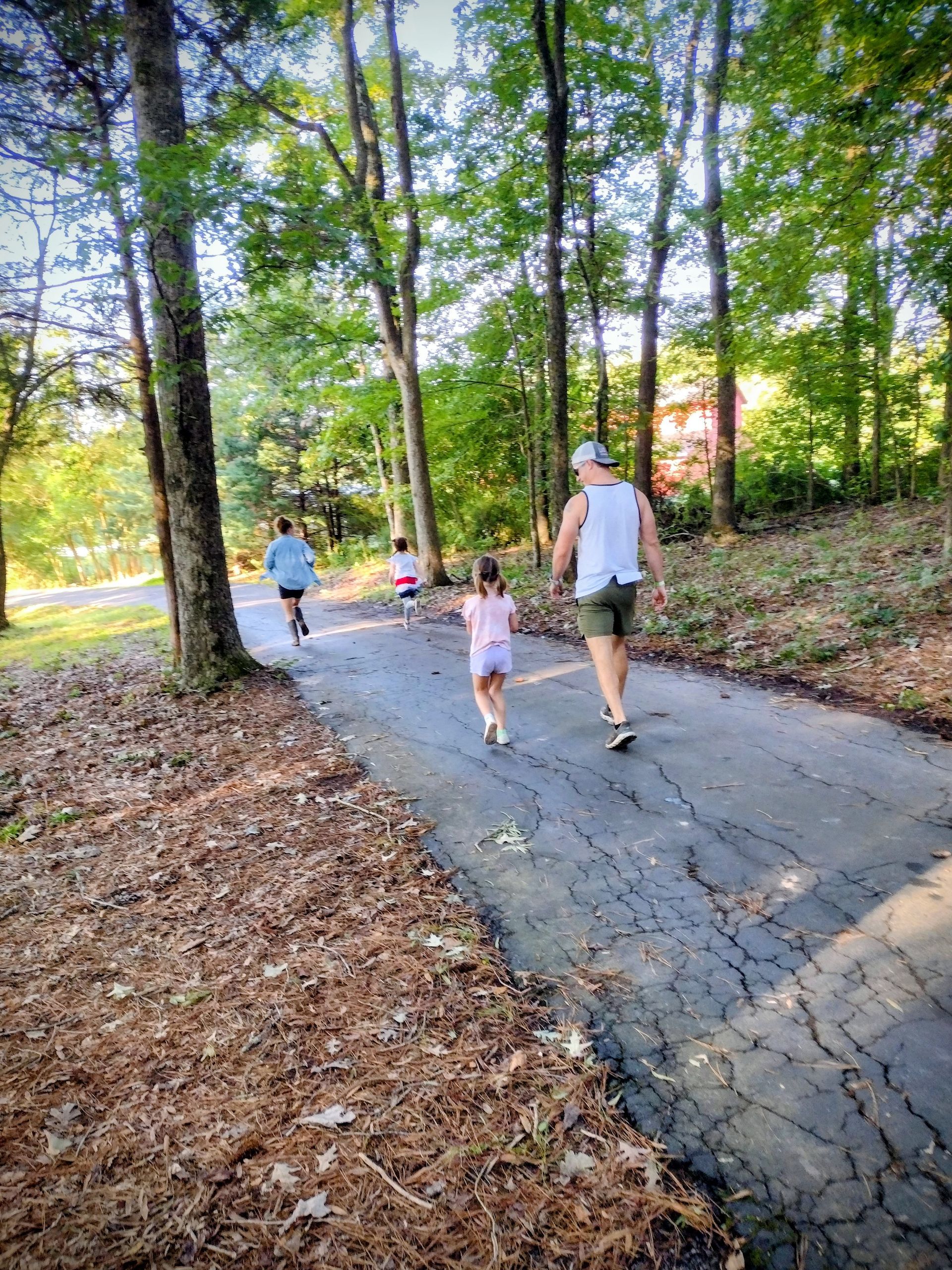 People walking and biking on a paved path in a wooded area. The path is cracked and edged with fallen leaves.