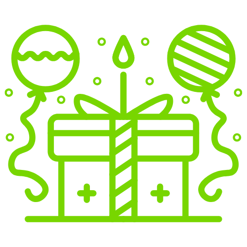 A green line icon of a gift box with a candle and balloons.