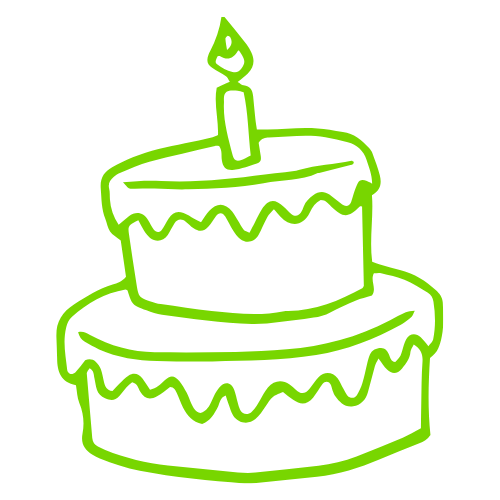 A green line drawing of a birthday cake with a candle on top.