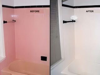 Comparison of a pink and white bathroom remodel. Before, pink walls; after, white walls.